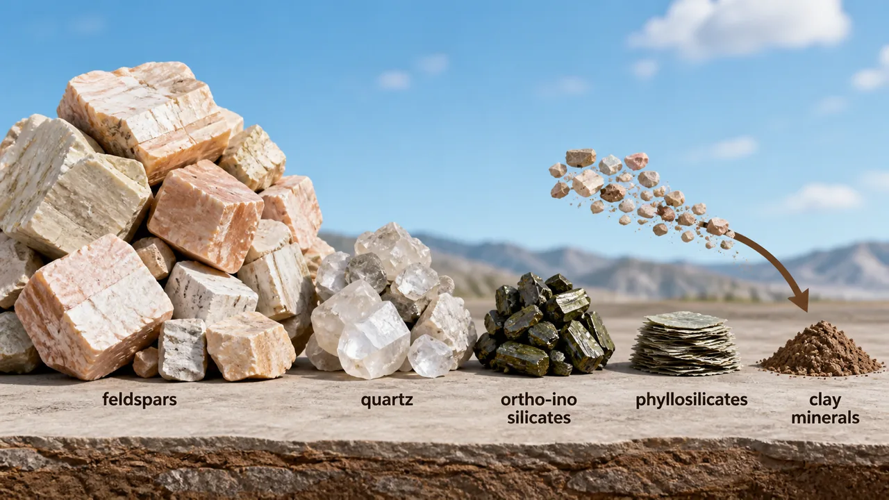 Relative abundance of rock-forming minerals showing feldspars as the dominant group with quartz, ortho-ino silicates, phyllosilicates, and clay minerals in smaller share