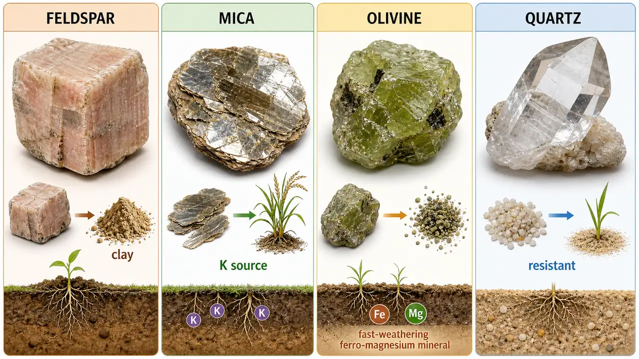 Key primary minerals board comparing feldspar, mica, olivine, and quartz with their weathering behavior and soil significance