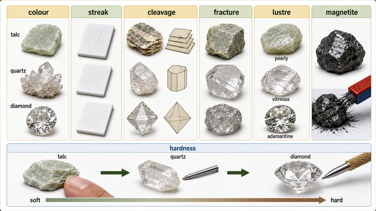 Physical properties of minerals board showing colour, streak, cleavage, fracture, lustre, magnetite magnetism, and hardness from talc to quartz to diamond