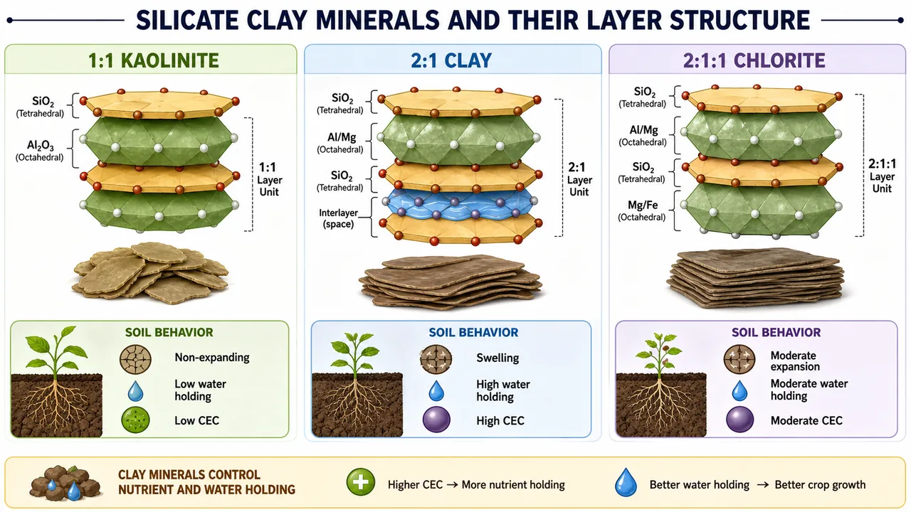 Silicate clay minerals comparison showing 1:1 kaolinite, 2:1 expanding clay, and 2:1:1 chlorite with differences in swelling, CEC, and water holding