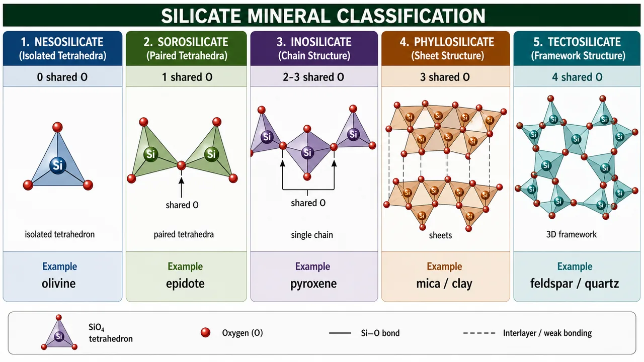 Silicate mineral classification showing isolated, paired, chain, sheet, and framework tetrahedral arrangements with mineral examples