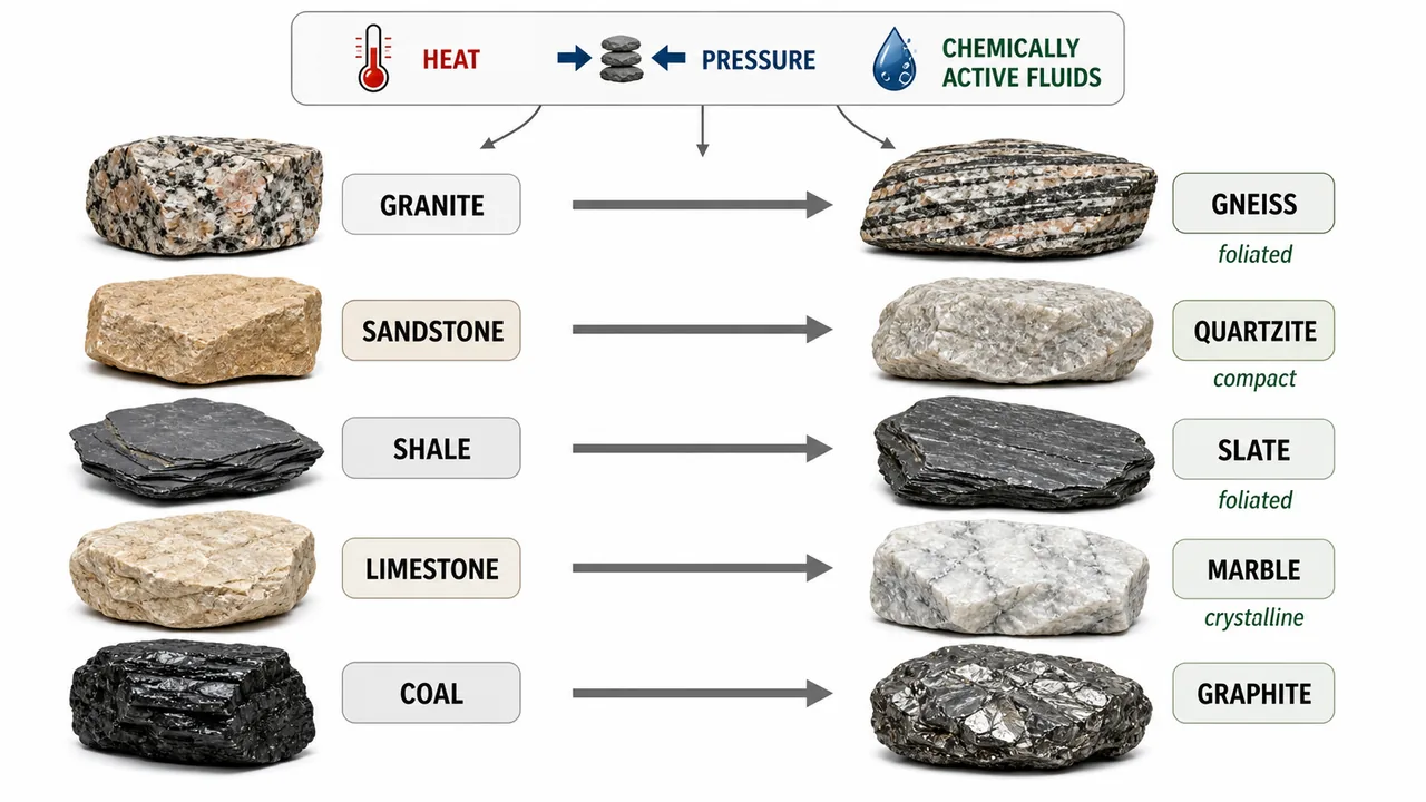 Metamorphic rock transformations showing granite to gneiss, sandstone to quartzite, shale to slate, limestone to marble, and coal to graphite under heat and pressure