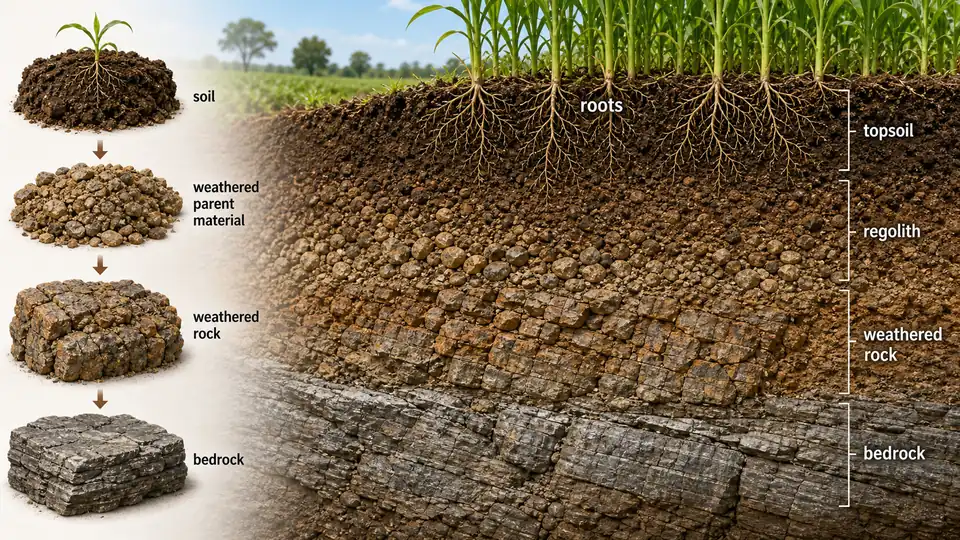 Parent material soil profile showing bedrock, weathered rock, regolith, and topsoil with roots