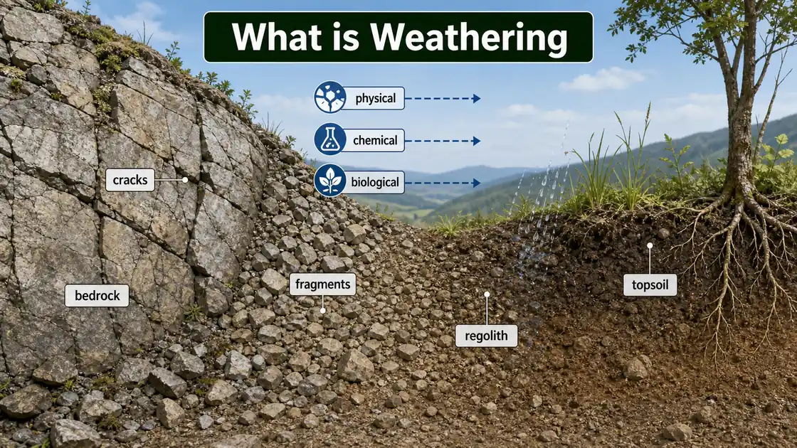 Weathering turning bedrock into rock fragments, regolith, and topsoil through physical, chemical, and biological processes