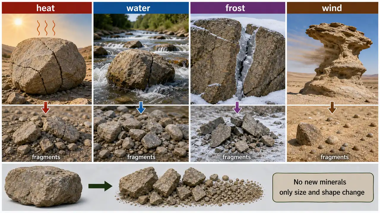 Physical mechanical weathering board showing heat, water, frost, and wind breaking rock into smaller fragments without forming new minerals