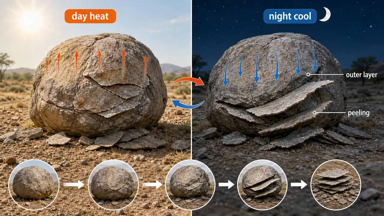 Exfoliation visual showing daytime heating, nighttime cooling, and rock layers peeling off in sheets
