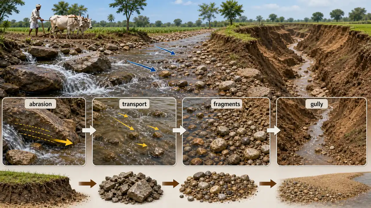 Action of water in physical weathering showing abrasion, transport of fragments, and gully formation