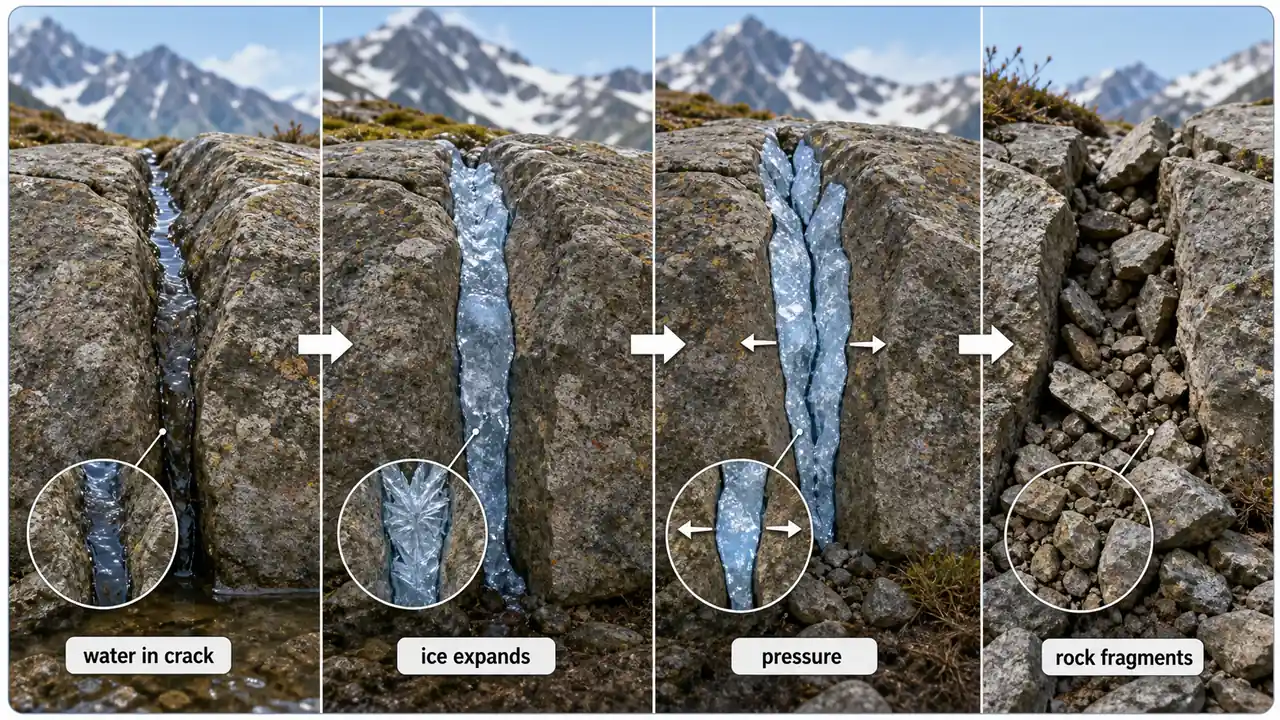 Frost wedging stages showing water entering a crack, freezing, expanding, and breaking rock fragments loose