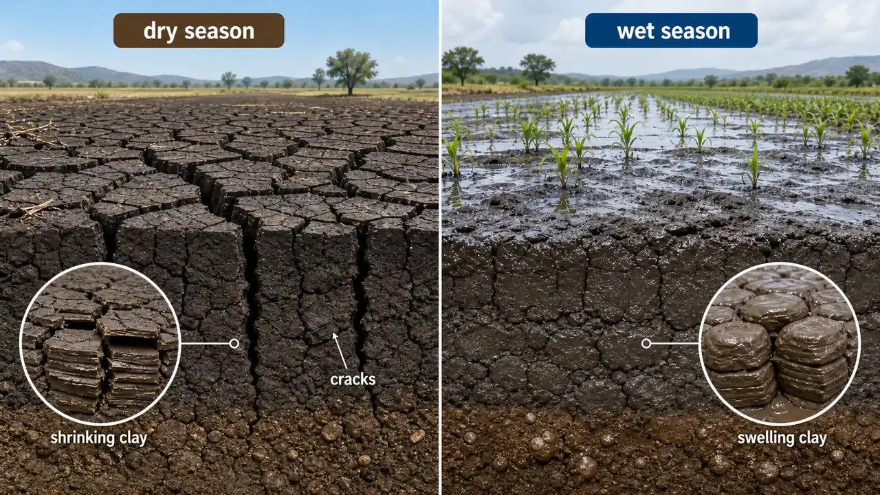 Alternate wetting and drying in vertisols showing deep summer cracks and swollen wet clay after rainfall