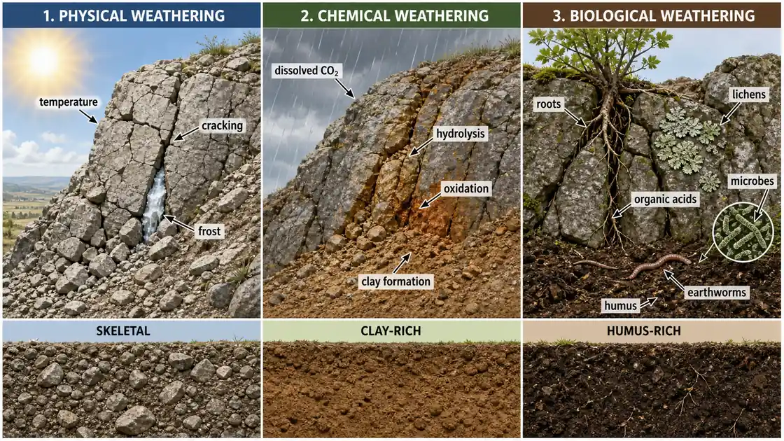 Comparison of physical, chemical, and biological weathering showing cracking, hydrolysis, oxidation, roots, and humus-rich soil formation