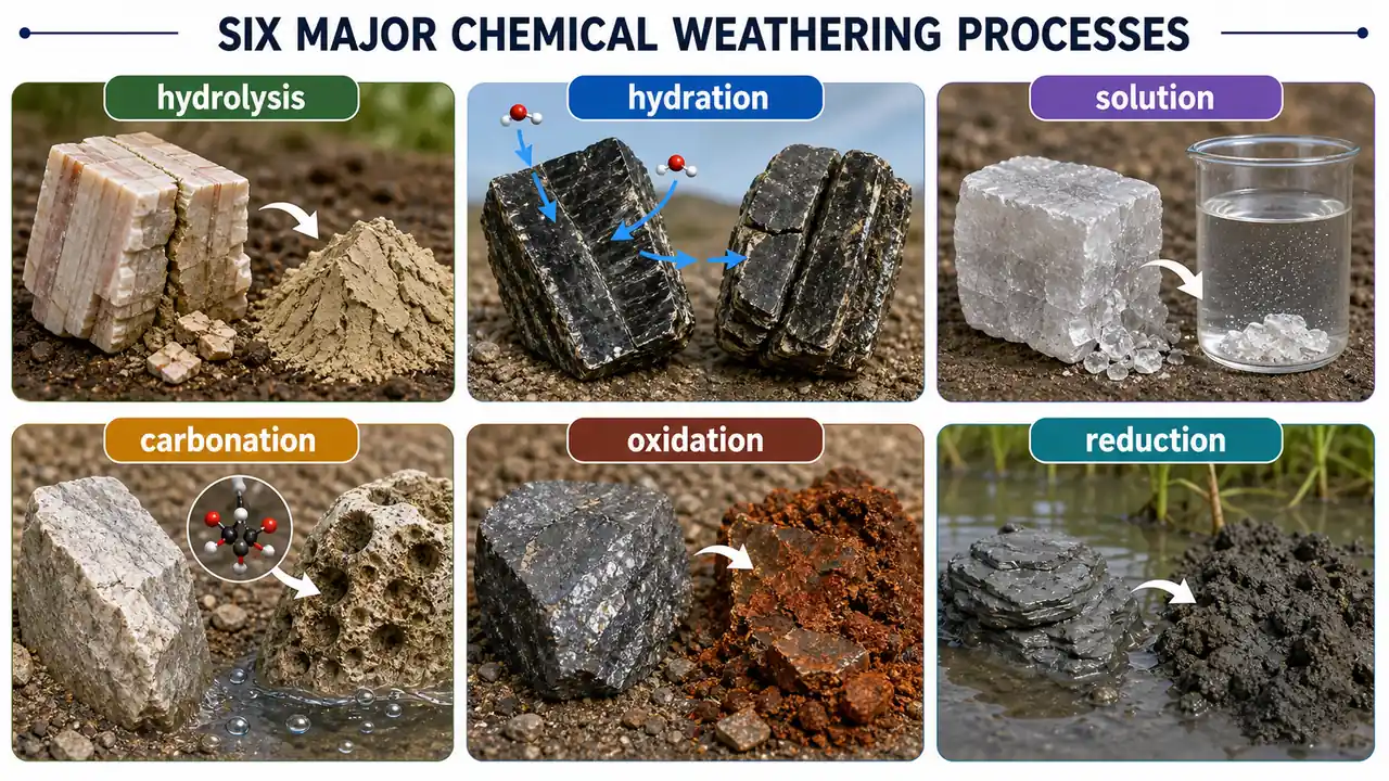 Six major chemical weathering processes board showing hydrolysis, hydration, solution, carbonation, oxidation, and reduction