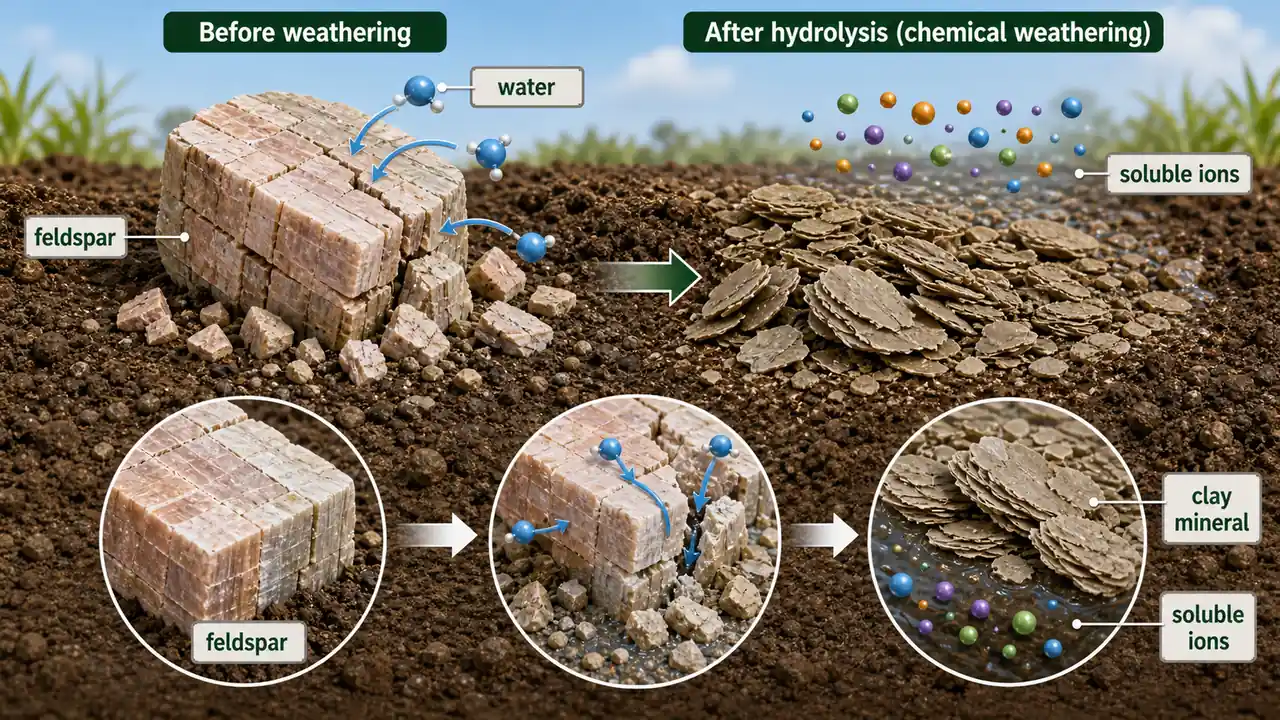 Hydrolysis weathering visual showing feldspar reacting with water to form clay minerals and soluble ions