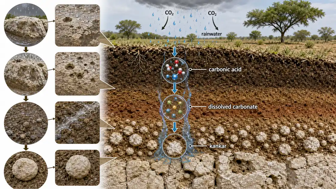 Carbonation weathering soil profile showing carbon dioxide in rainwater attacking carbonate material and forming kankar nodules deeper in the soil