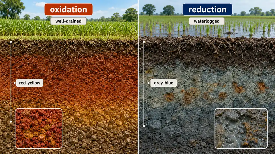 Oxidation versus reduction soil profile showing well-drained red-yellow oxidized soil and waterlogged grey-blue reduced soil