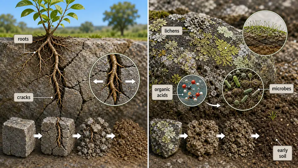 Micro-organisms in biological weathering showing lichens and microbes colonizing rock, releasing organic acids, and helping form early soil