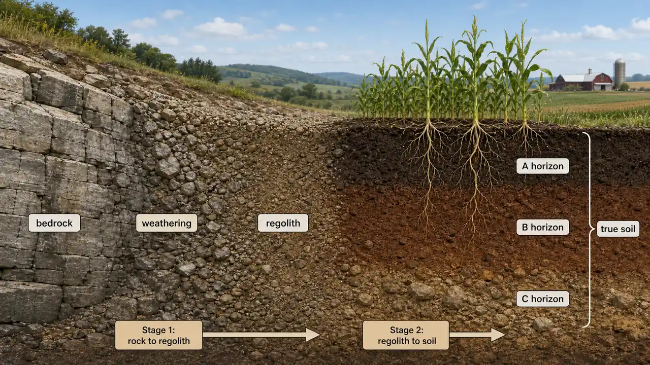 Two stages of soil formation showing bedrock weathering into regolith and then development of true soil horizons under crops