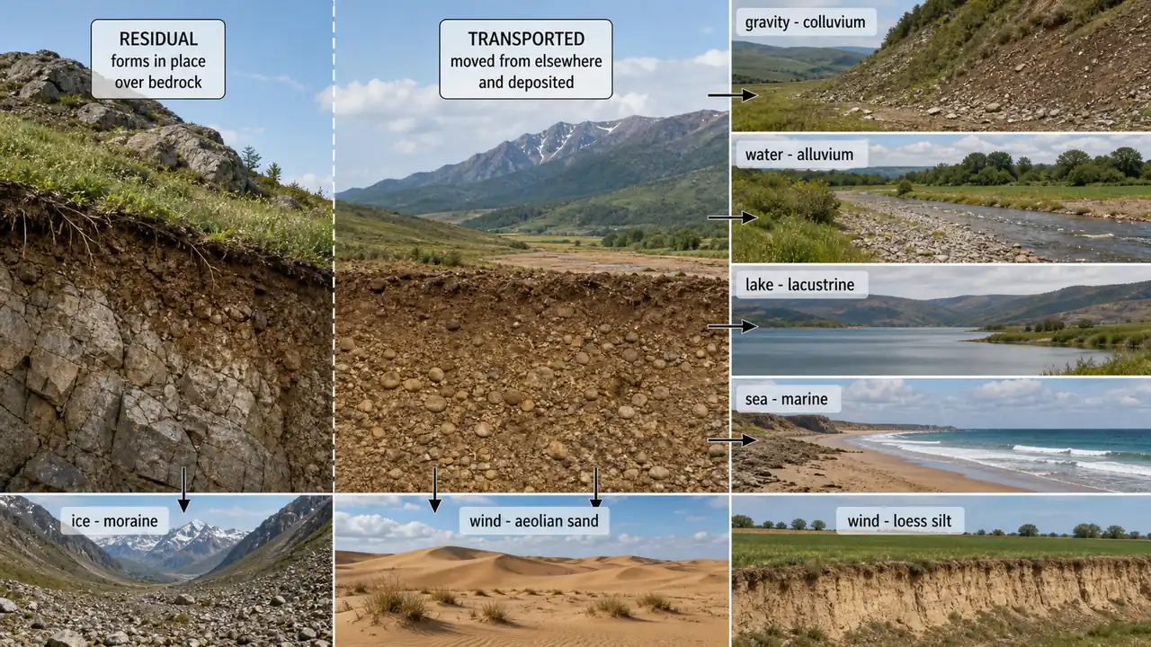 Residual and transported parent material comparison showing colluvium, alluvium, lacustrine, marine, moraine, aeolian sand, and loess silt