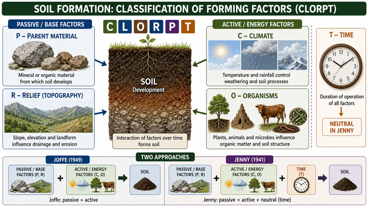 Soil forming factors classified into passive and active groups with time shown as neutral in Jenny's system