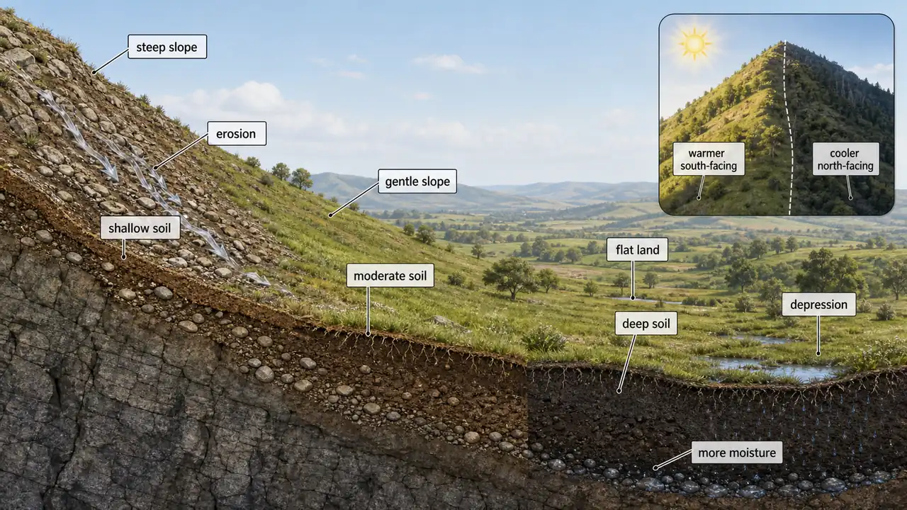 Relief and topography effects on soil formation showing steep slope erosion, moderate slope development, flat land deep soil, depression moisture, and slope aspect