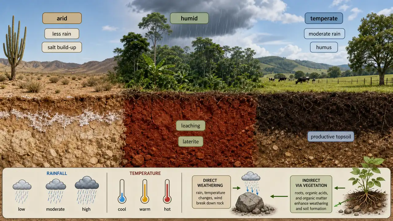 Climate as an active soil forming factor showing arid salt build-up, humid laterite leaching, and temperate humus-rich productive topsoil