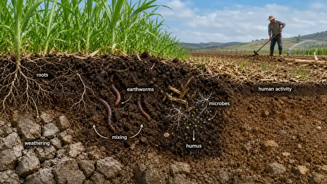 Organisms and vegetation as soil forming factors showing roots, earthworms, microbes, humus formation, and human activity in a field soil profile