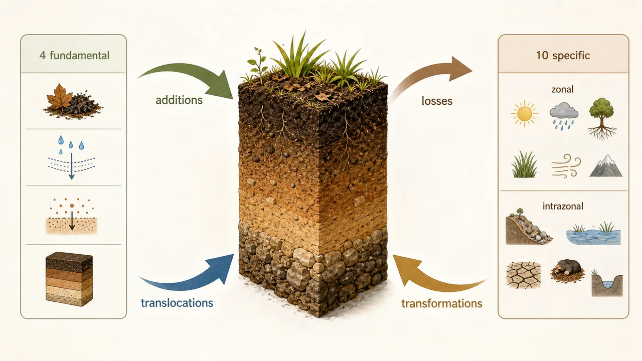 Soil forming processes overview showing additions, losses, transformations, translocations, and the grouping into fundamental, zonal, and intrazonal processes