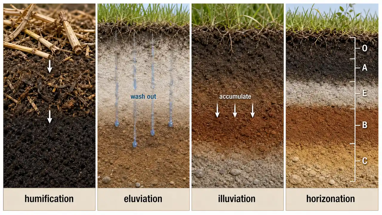 Four fundamental soil forming processes showing humification, eluviation, illuviation, and horizonation across a soil profile