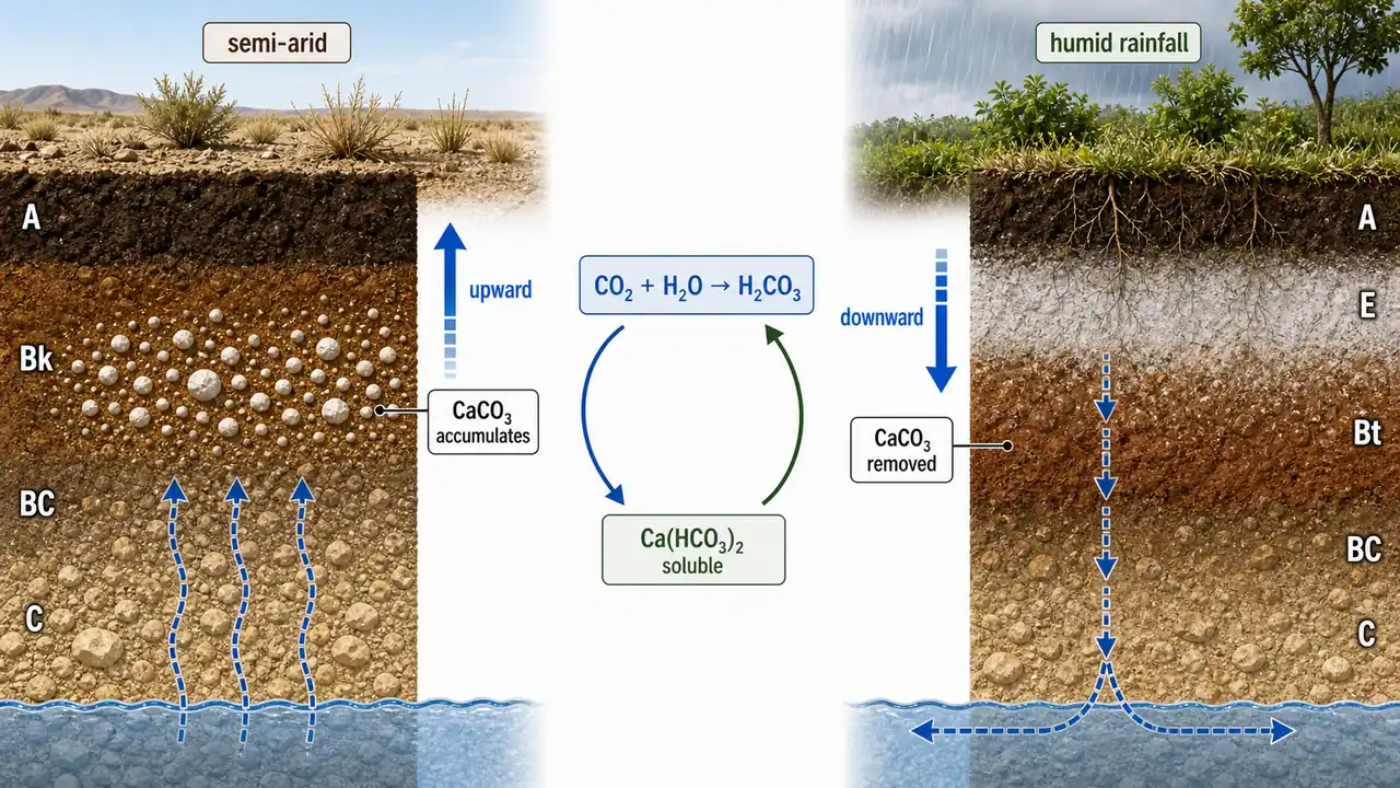 Calcification versus decalcification in soil profiles showing upward calcium carbonate accumulation in semi-arid soil and downward leaching in humid soil