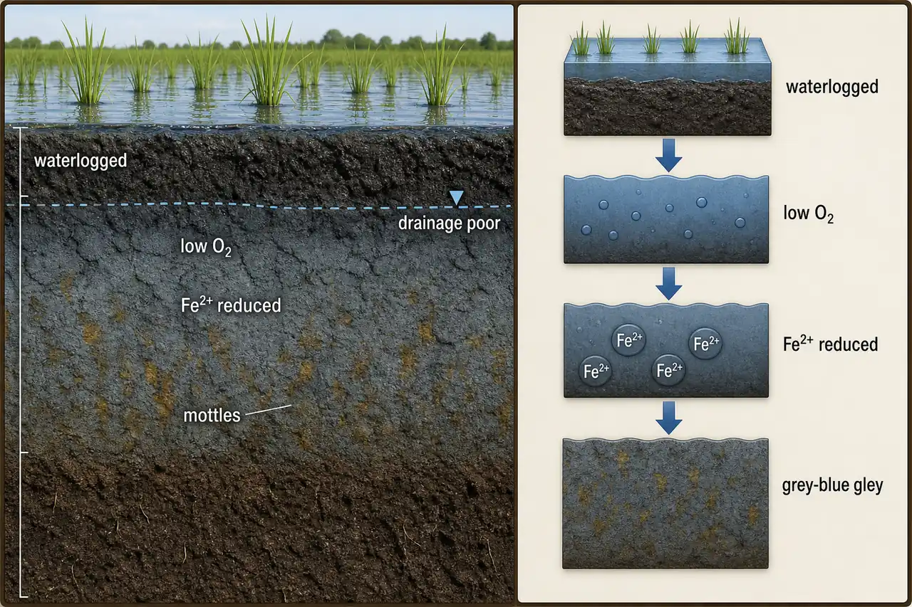 Gleization in waterlogged soil showing low oxygen, reduced iron, grey-blue gley horizon, and mottles in a paddy field profile