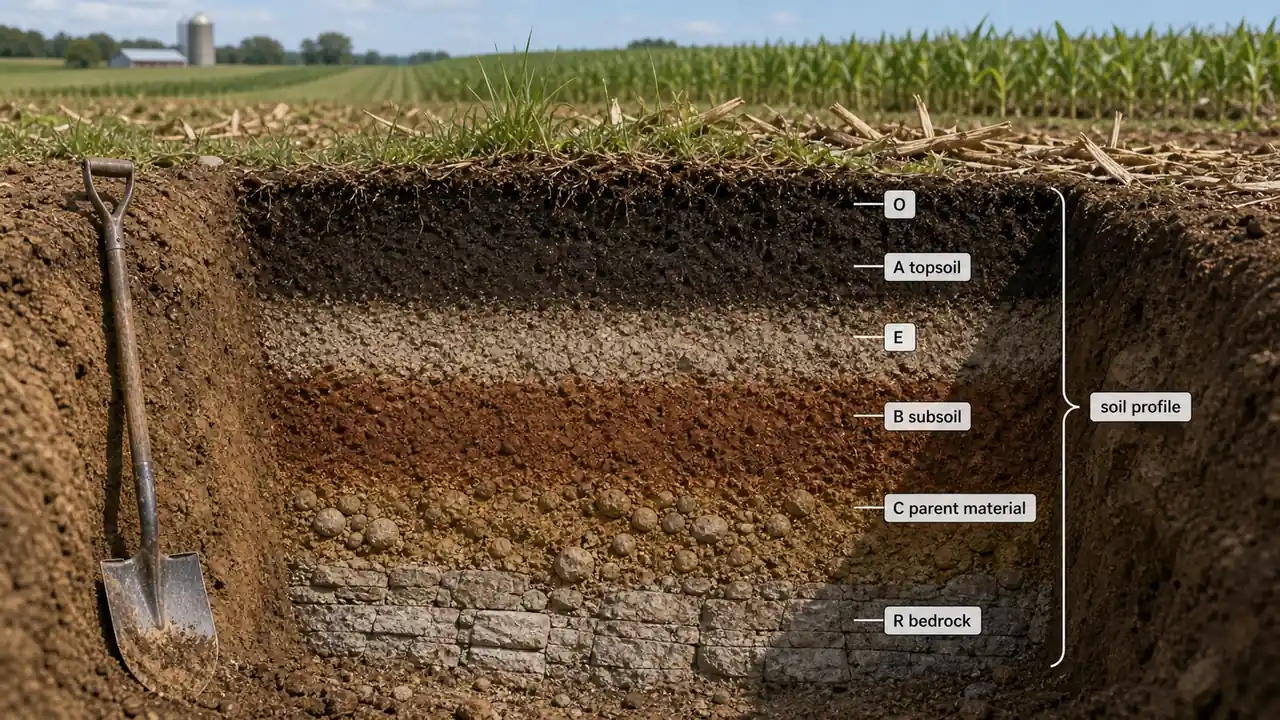 Soil profile in a field pit showing O, A topsoil, E, B subsoil, C parent material, and R bedrock layers