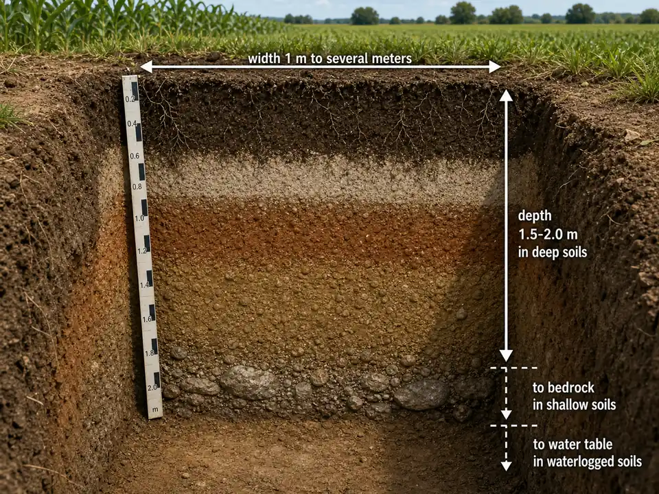 Soil profile pit dimensions showing depth of 1.5 to 2 meters in deep soils and width from 1 meter to several meters