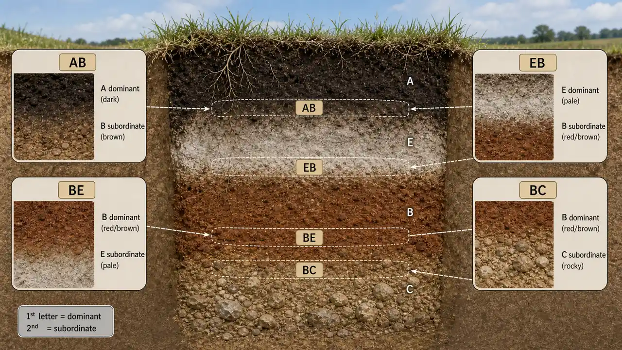 Transitional soil horizons showing AB, EB, BE, and BC with dominant and subordinate horizon properties