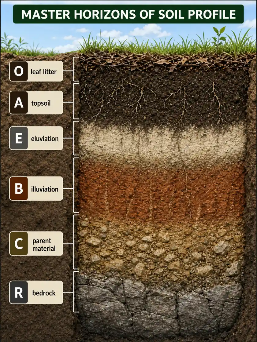 Master soil horizons showing O, A, E, B, C, and R layers in a labeled soil pit