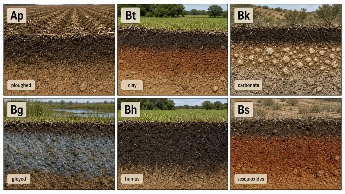 Suffix letters for soil horizons showing Ap, Bt, Bk, Bg, Bh, and Bs with their diagnostic profile features