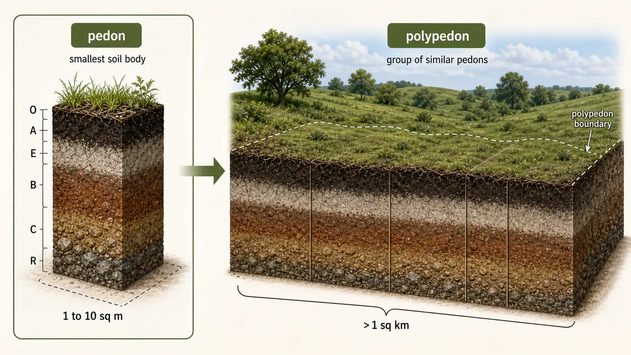 Pedon and polypedon comparison showing one smallest soil body versus a larger connected group of similar pedons