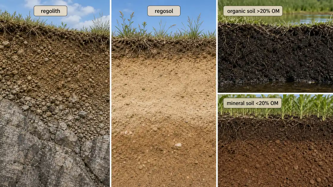 Regolith, regosol, organic soil, and mineral soil comparison in soil profile cross-sections