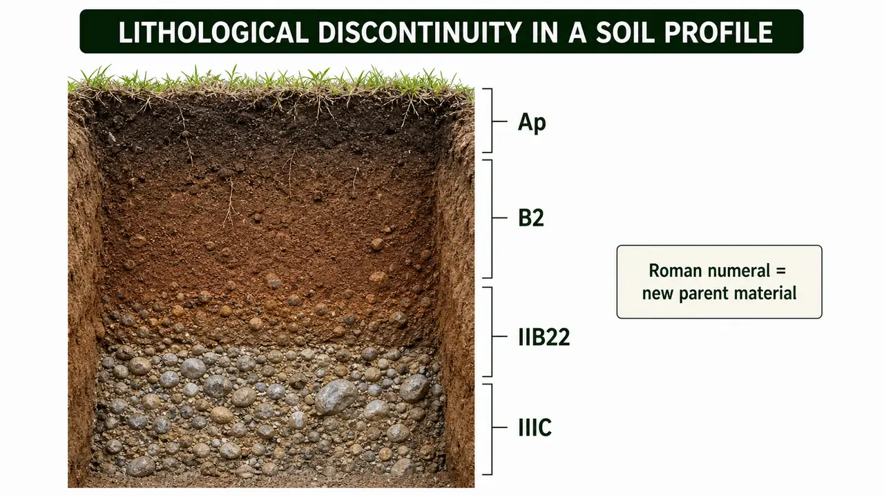 Lithological discontinuity in a soil profile showing Ap, B2, IIB22, and IIIC horizons where Roman numeral prefixes mark new parent material