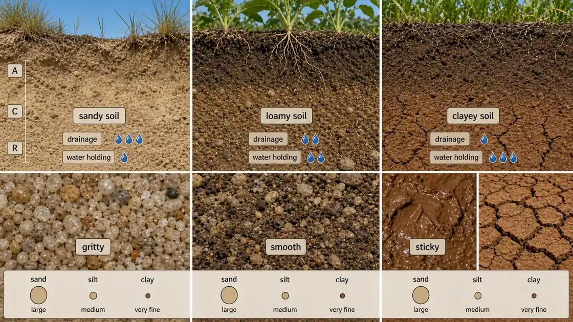Soil texture comparison showing sandy, loamy, and clayey soils with drainage, water holding, and feel differences