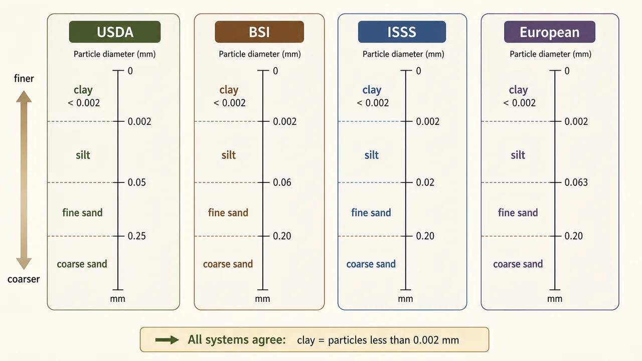 Soil texture classification systems comparison showing USDA, BSI, ISSS, and European particle-size breakpoints with shared clay limit below 0.002 millimeter