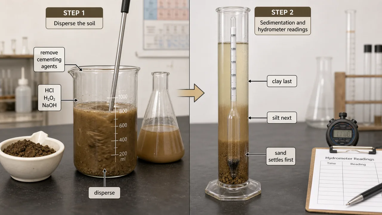 Particle size analysis by hydrometer method showing soil dispersion and sedimentation with sand settling first, silt next, and clay last