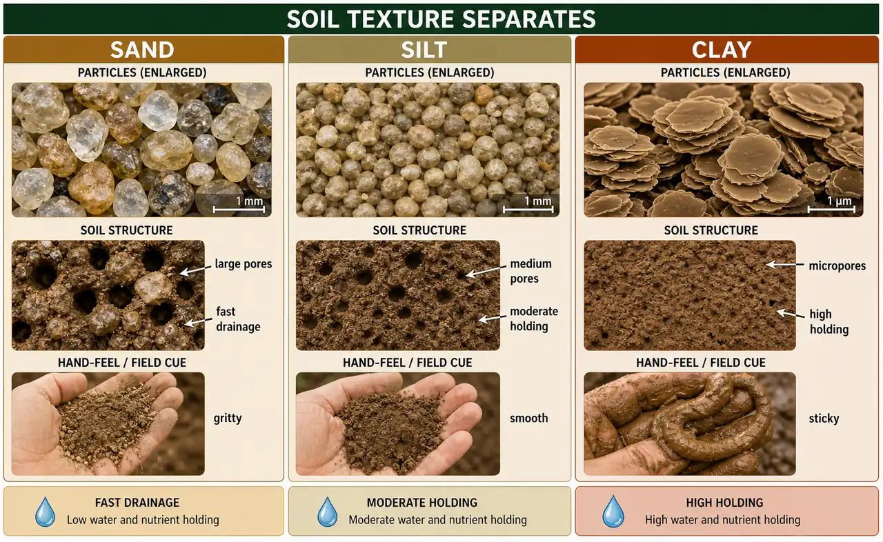 Comparison of sand, silt, and clay showing particle size, pore spaces, drainage behavior, and field feel