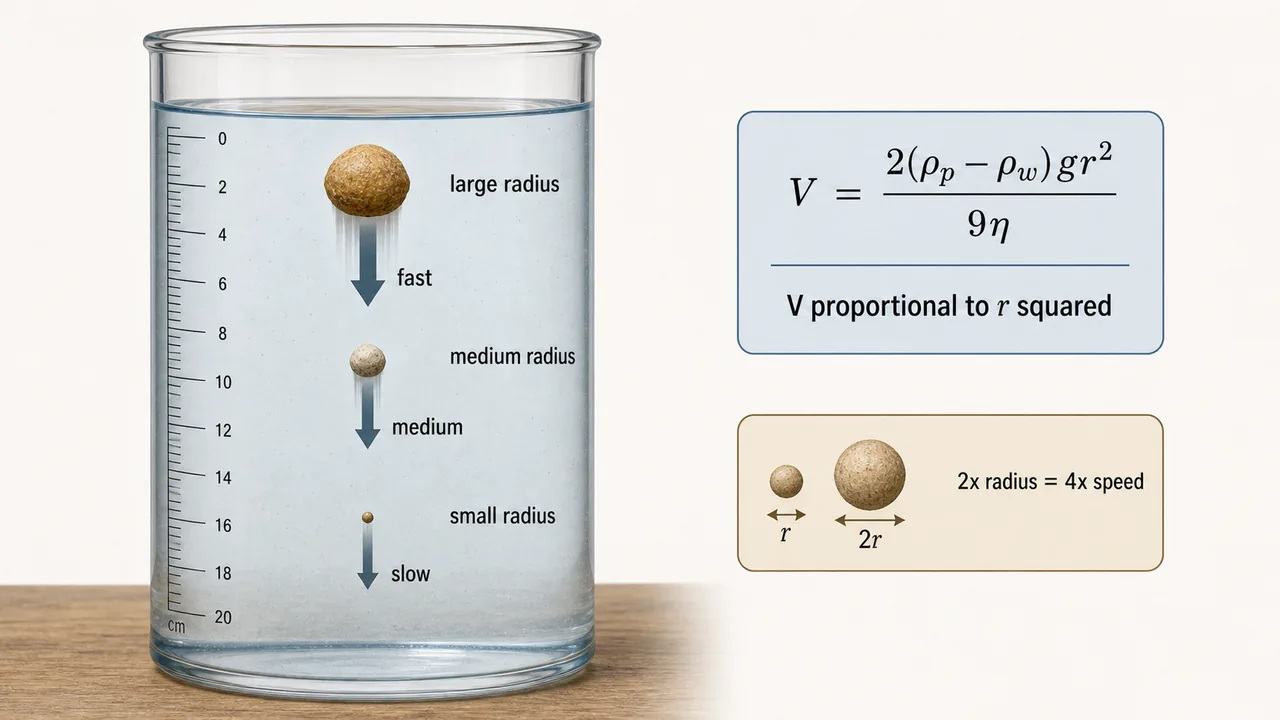 Stokes' Law illustration showing larger particles settling faster than smaller ones in water and velocity proportional to radius squared