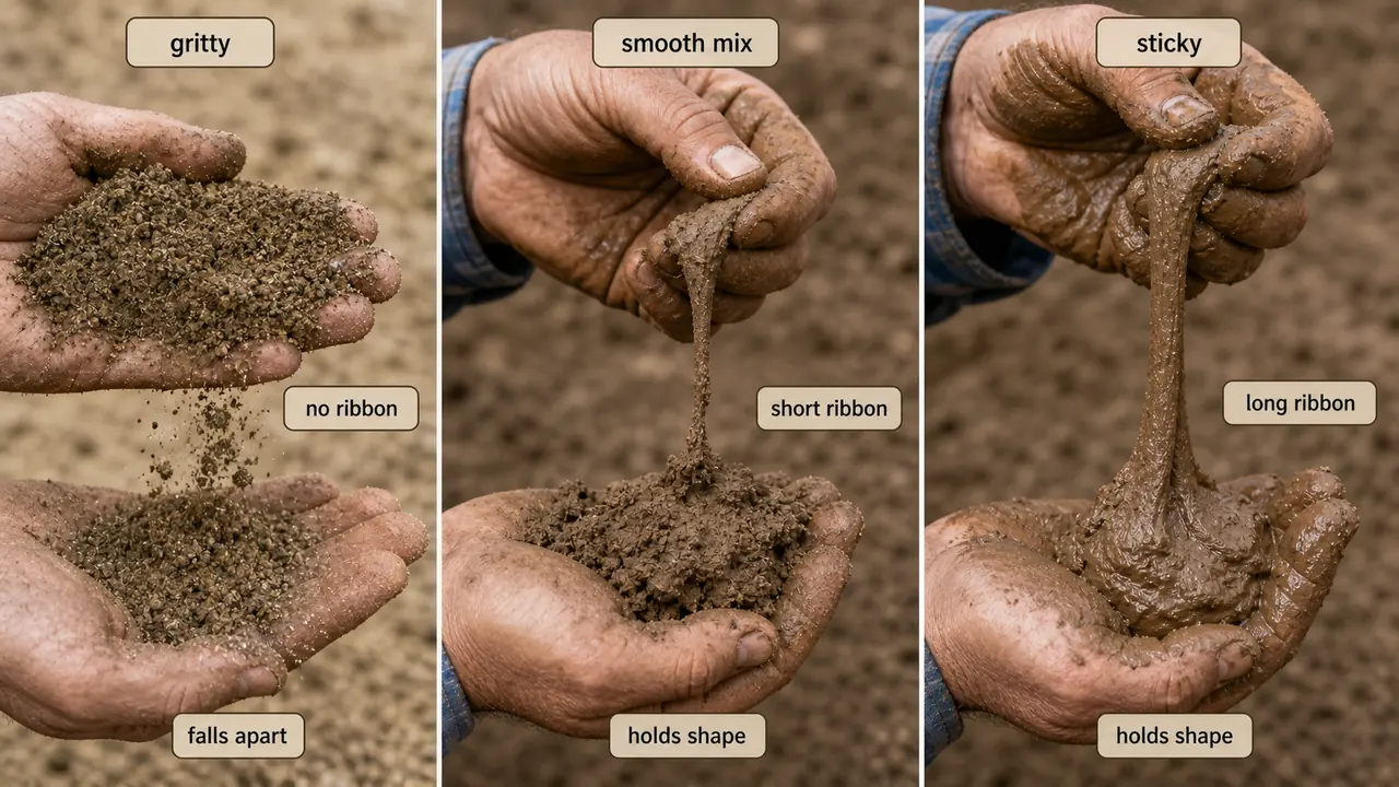 Feel method for soil texture showing sandy soil with no ribbon, loamy soil with a short ribbon, and clayey soil with a long sticky ribbon