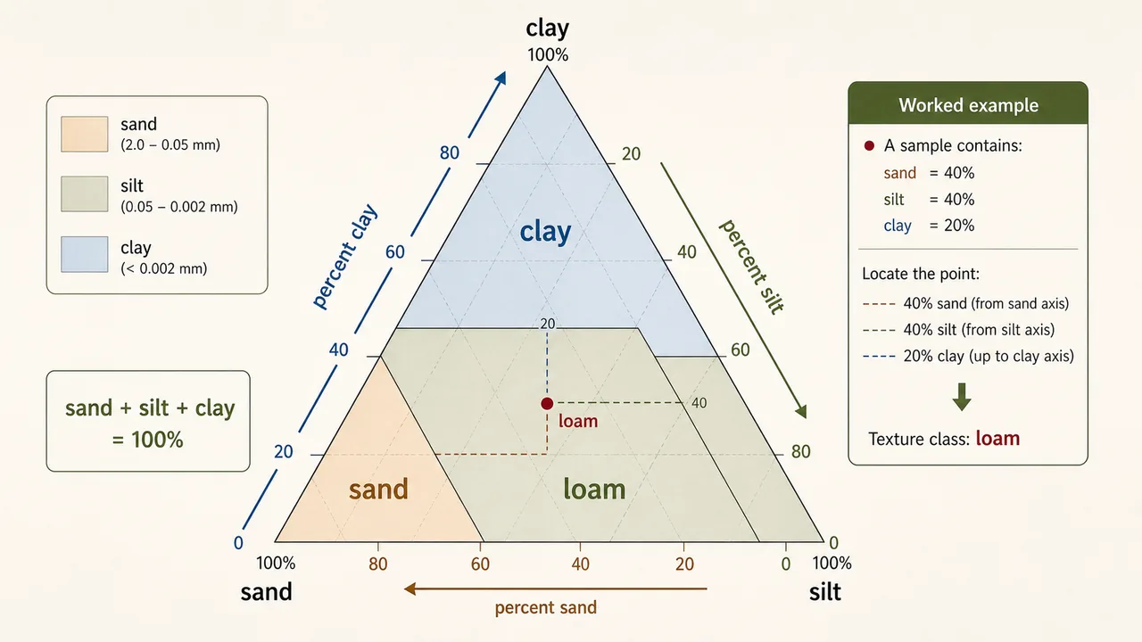 Simplified USDA textural triangle showing sand, silt, and clay axes summing to 100 percent with a worked loam example