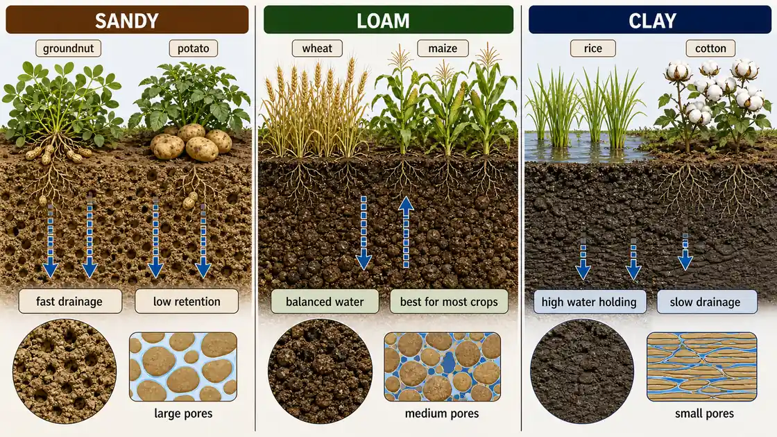 Crop suitability by soil texture showing sandy soil with groundnut and potato, loam with wheat and maize, and clay soil with rice and cotton