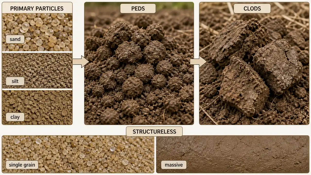 Soil structure formation showing dispersed clay flocculating and then forming stable aggregates with organic matter, calcium, fungal hyphae, polysaccharides, and iron-aluminium oxides