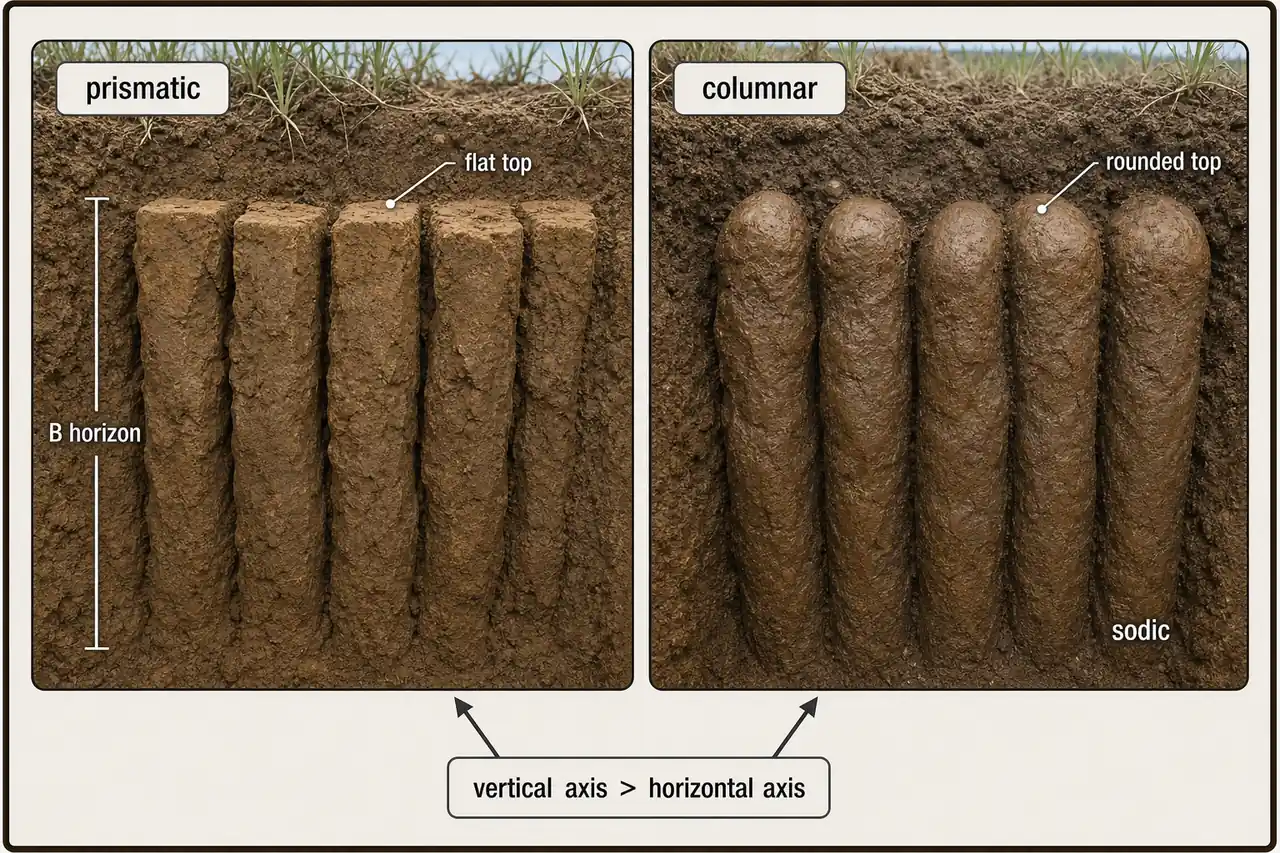 Prismatic versus columnar soil structure showing flat-topped prismatic peds and rounded-top columnar peds in a clayey B horizon, with columnar linked to sodic soil