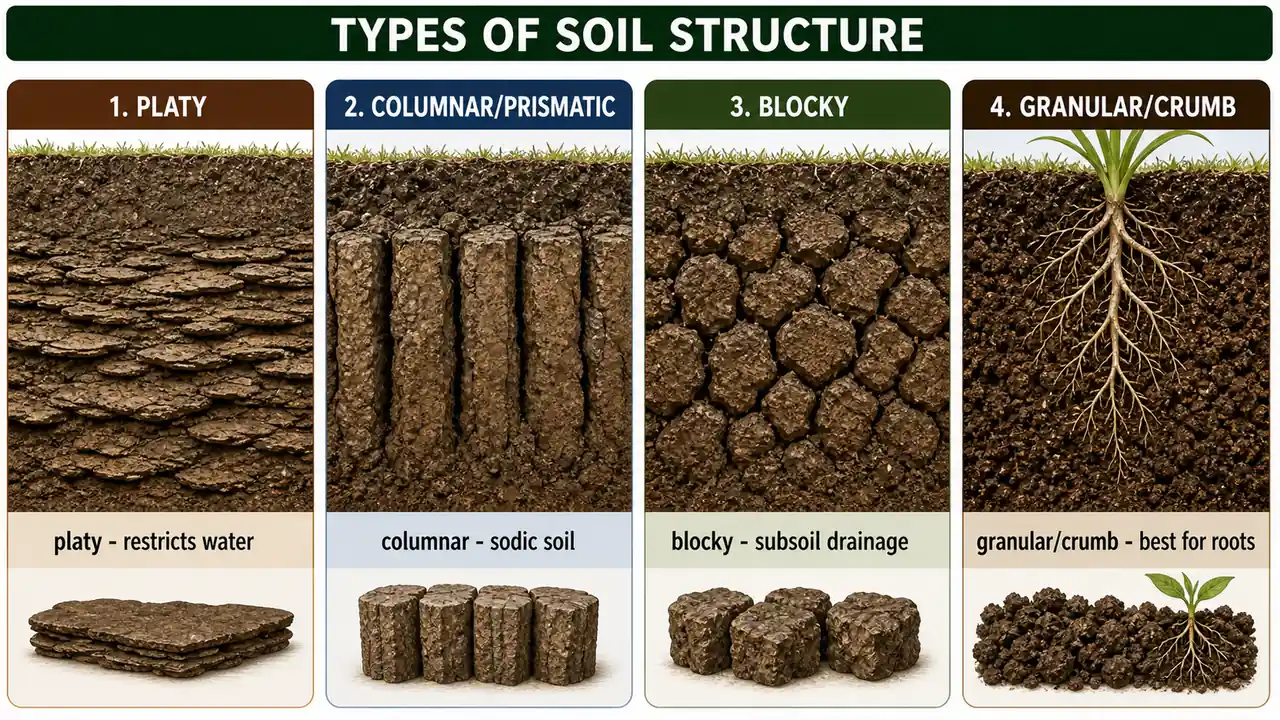 Four types of soil structure showing platy, prismatic or columnar, blocky, and granular or crumb aggregates with their field effects
