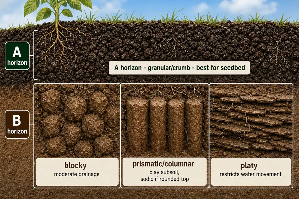 Soil structure types by horizon showing granular crumb in A horizon and blocky, prismatic columnar, and platy structures in the B horizon