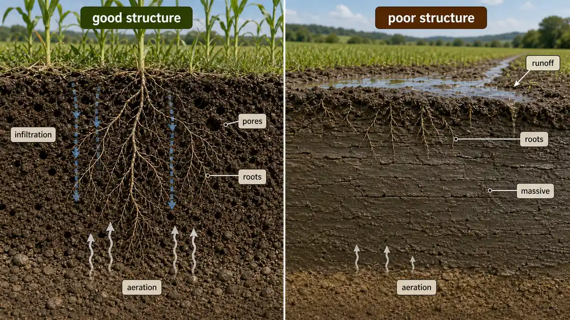 Soil aggregates showing clay, organic matter, fungal hyphae, bacterial glue, and the benefits of water-stable aggregates